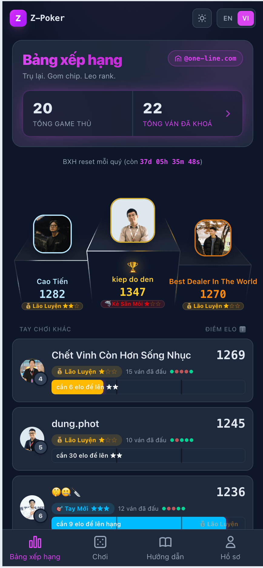 Bảng xếp hạng Z-Poker với podium top 3 và tier badges