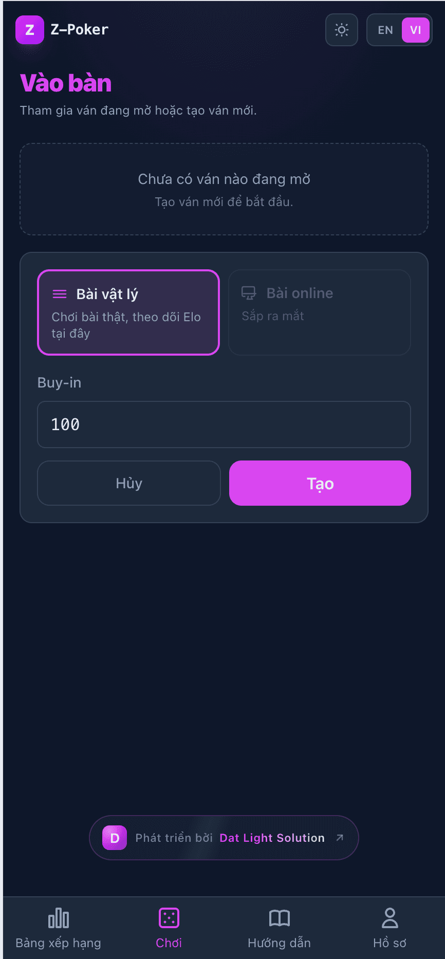 Form tạo session với buy-in và danh sách active session
