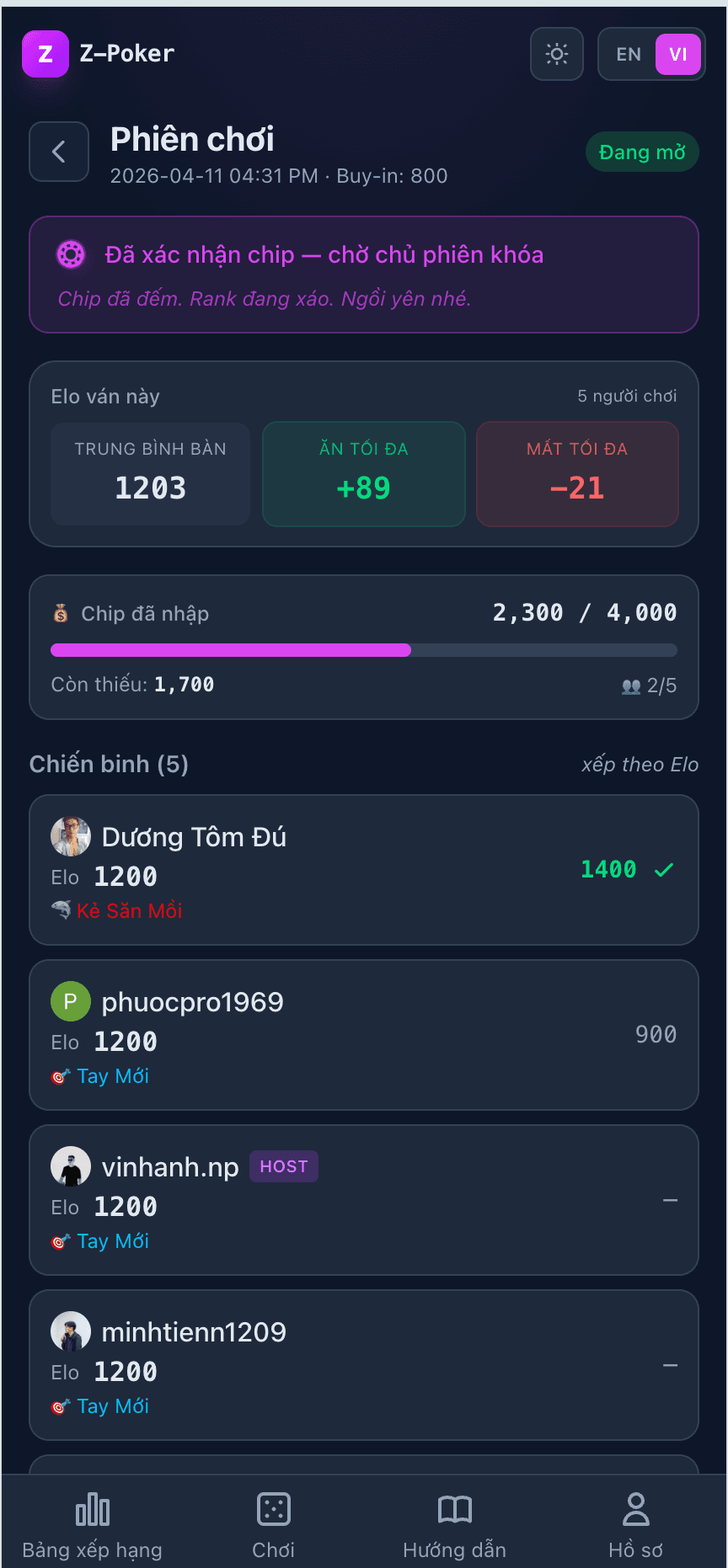 Màn hình session đang active với input chip và banner waiting